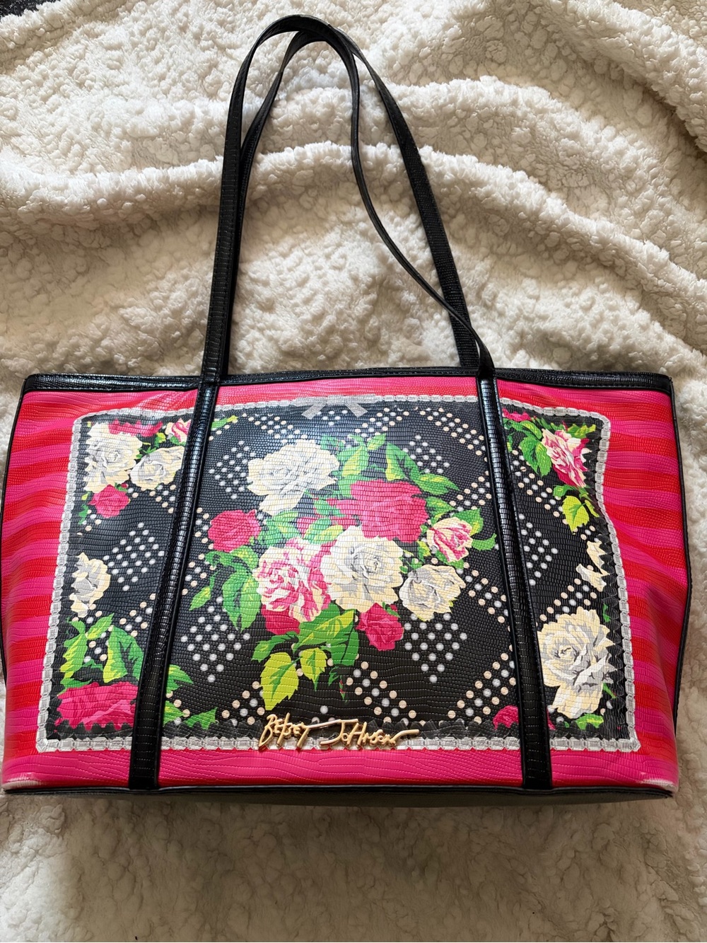 Betsey Johnson Black Pink Floral Tote with Gold Logo